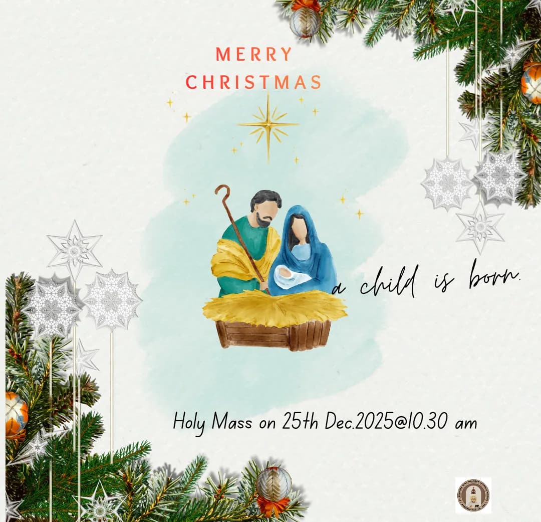Christmas graphic with watercolor nativity, pine boughs and snowflakes announcing Holy Mass on 25 December
